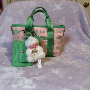 Juicy Couture Pink Tote with Green Trim, Wallet & Fluffy Charm